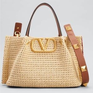 Valentino Roman Stud Vlogo Raffia Medium Tote Bag on Sale!
